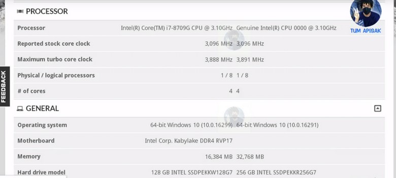  Intel Core i7-8709G   Vega M     3,1-3,9 